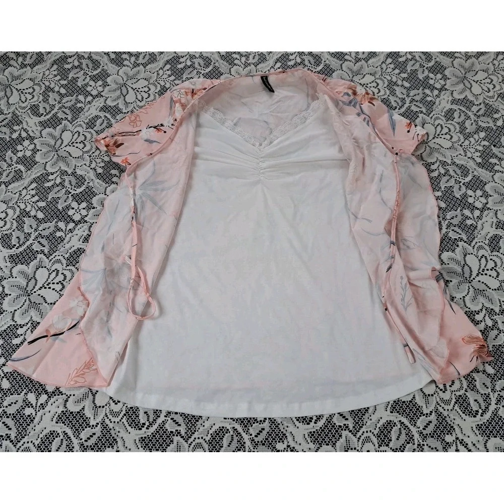 Just Fashion Now Popover Top XL Peach Floral Art‎ Two-Fer Short Sleeve Tie Front
